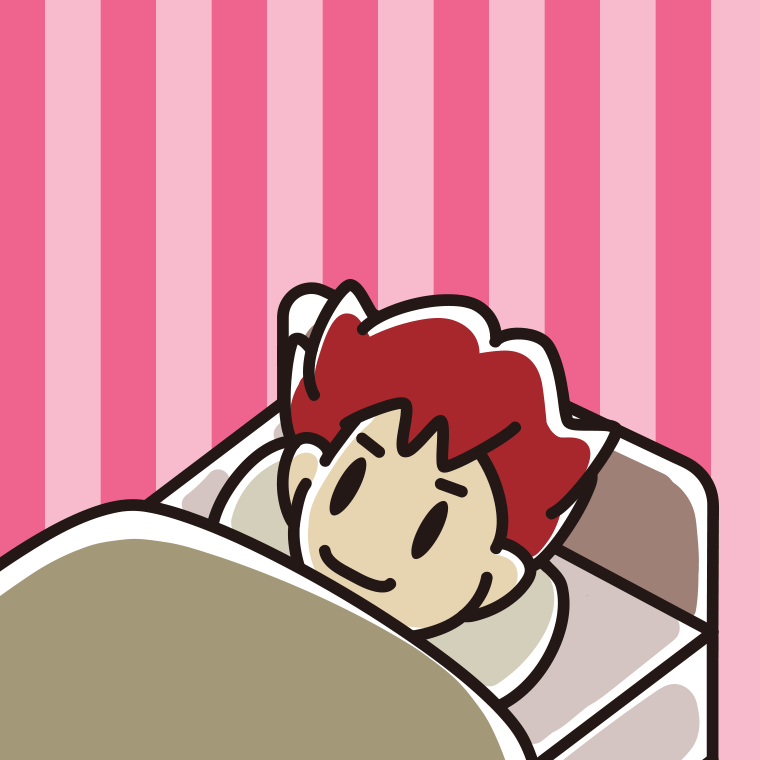 ベッドで寝ている男子大学生のイラスト【色、背景あり】PNG