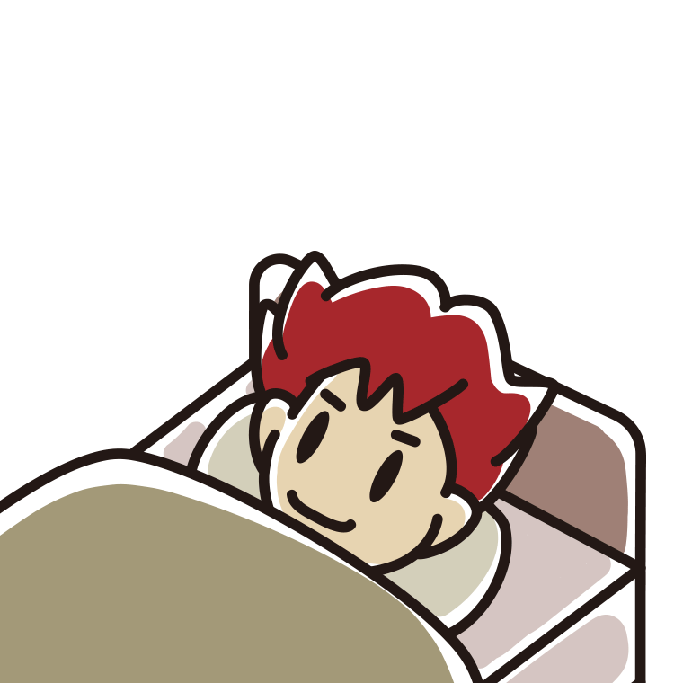 ベッドで寝ている男子大学生のイラスト【色あり、背景なし】透過PNG