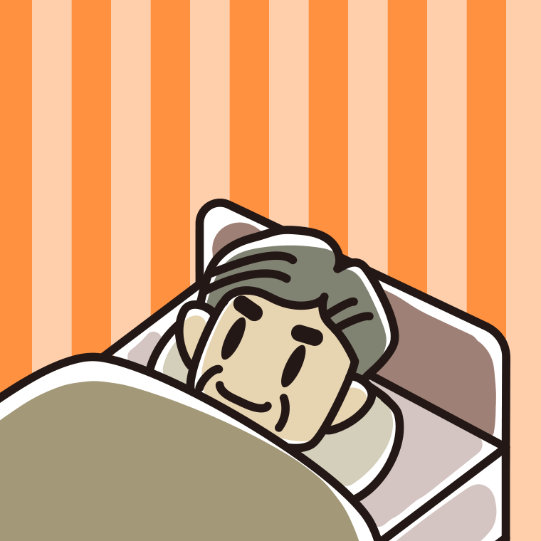 ベッドで寝ているおじさんのイラスト【色、背景あり】PNG