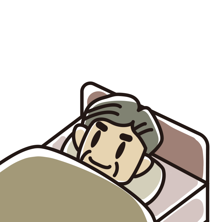 ベッドで寝ているおじさんのイラスト【色あり、背景なし】透過PNG
