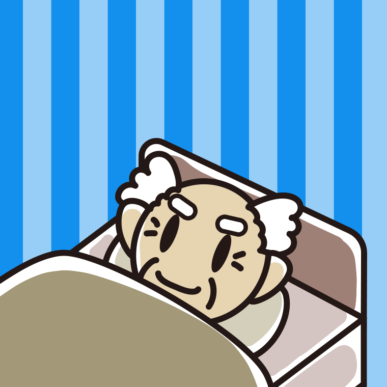 ベッドで寝ているおじいさんのイラスト【色、背景あり】PNG
