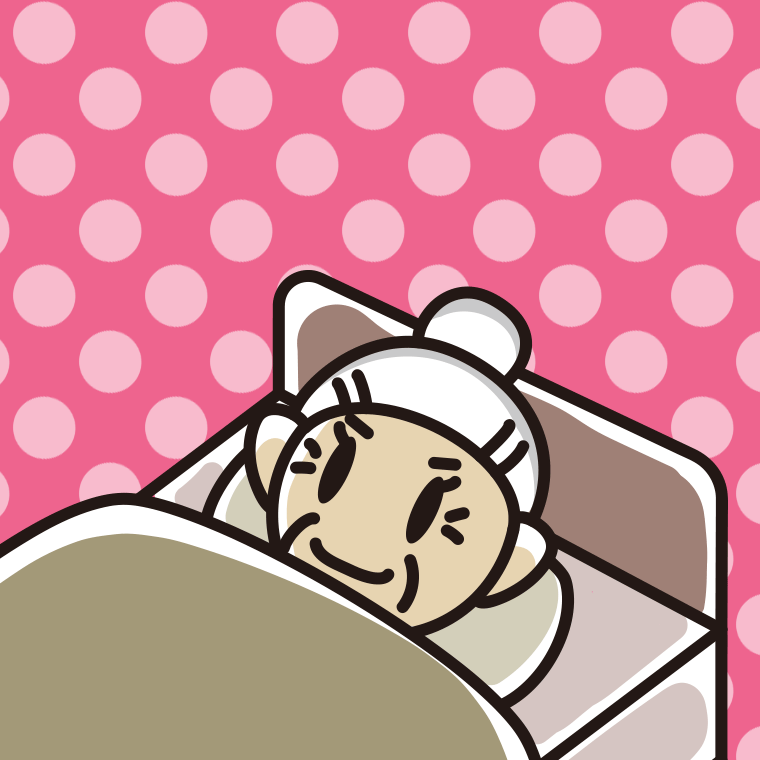 ベッドで寝ているおばあさんのイラスト【色、背景あり】PNG
