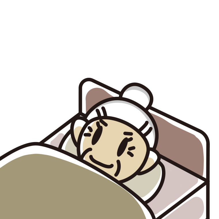ベッドで寝ているおばあさんのイラスト【色あり、背景なし】透過PNG