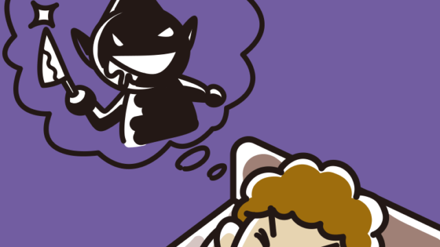 怖い夢を見ているおばさんのイラスト【色、背景あり】PNG