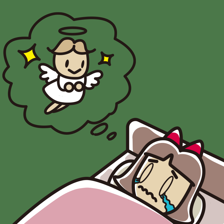 悲しい夢を見ている小学生女子のイラスト【色、背景あり】PNG