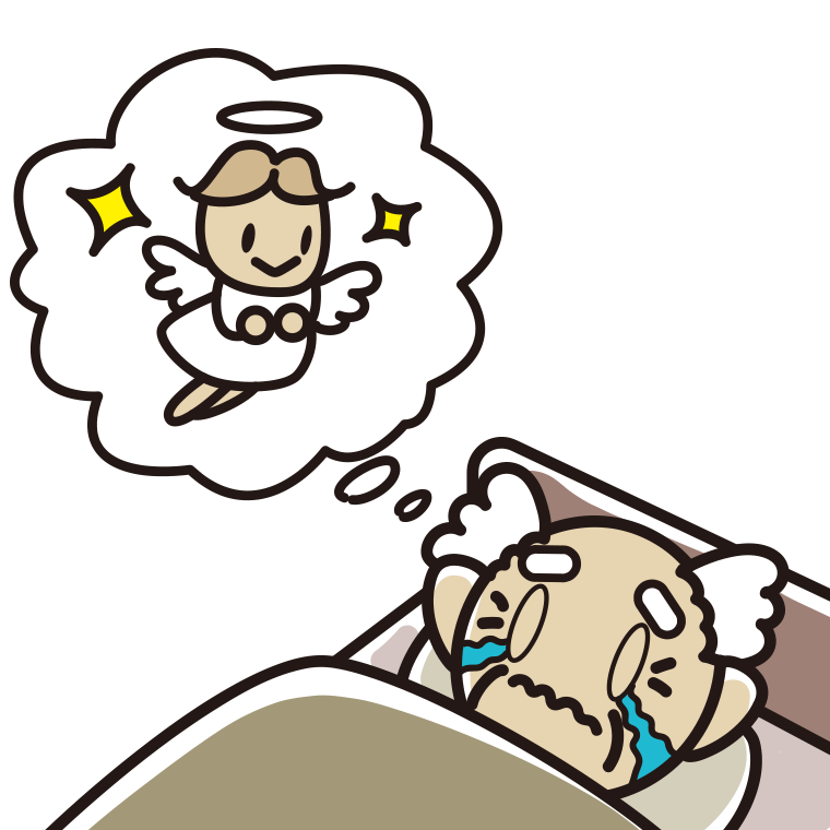 悲しい夢を見ているおじいさんのイラスト【色あり、背景なし】透過PNG