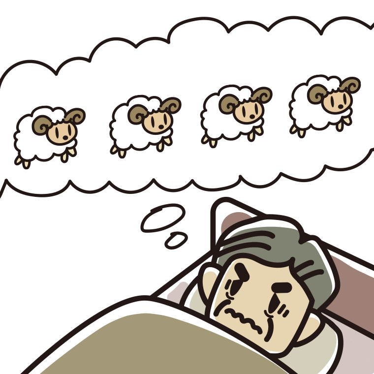 眠れなくて困っているおじさんのイラスト【色あり、背景なし】透過PNG