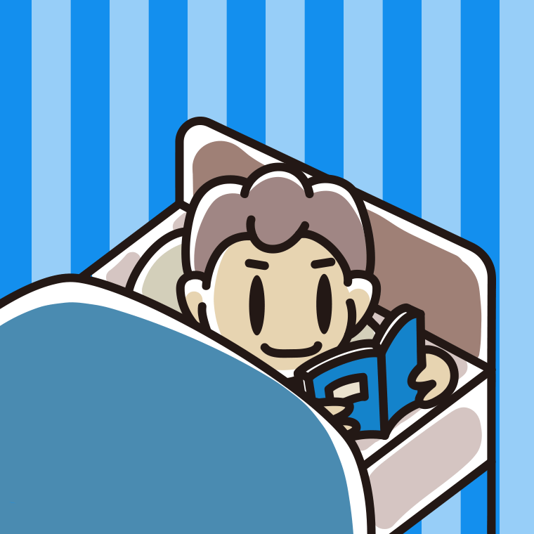 ベッドで本を読む男子中学生のイラスト【色、背景あり】PNG