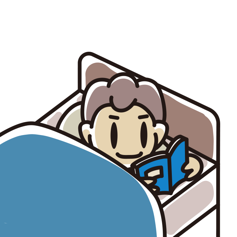 ベッドで本を読む男子中学生のイラスト【色あり、背景なし】透過PNG