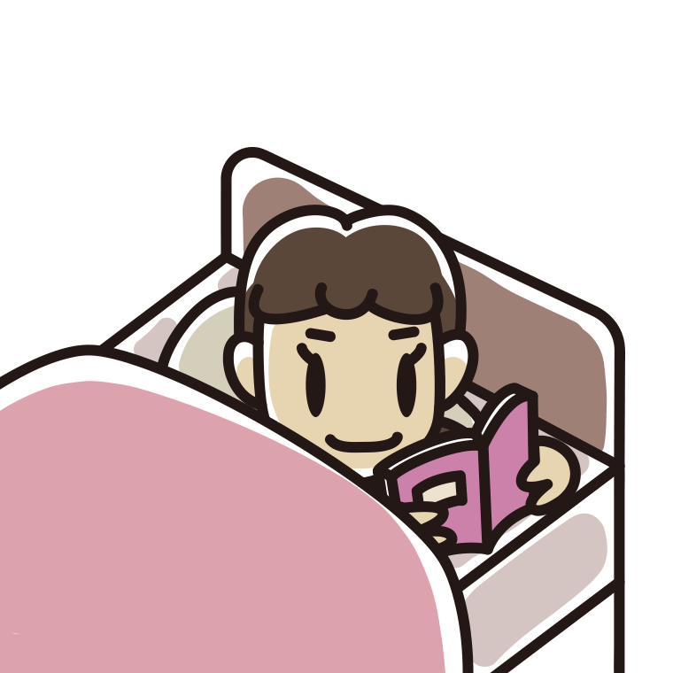 ベッドで本を読む女子中学生のイラスト【色あり、背景なし】透過PNG