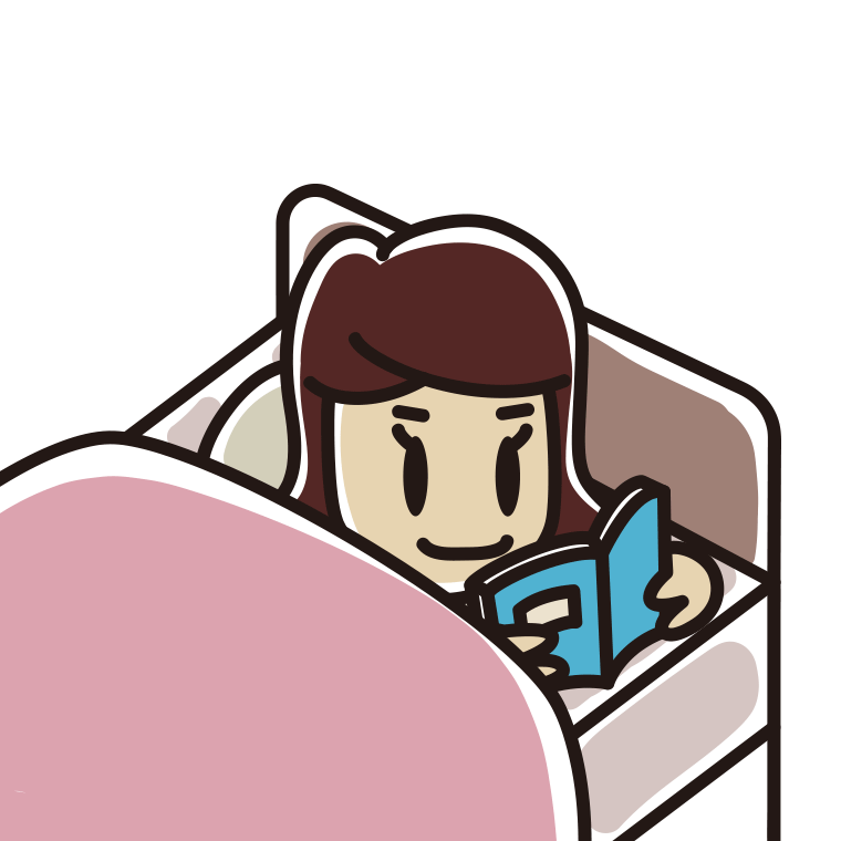 ベッドで本を読む女子高校生のイラスト【色あり、背景なし】透過PNG