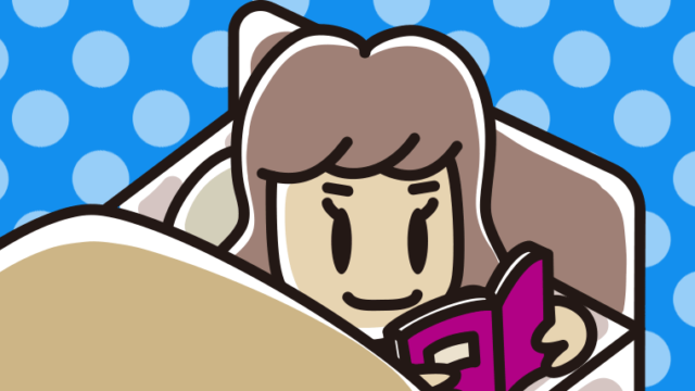 ベッドで本を読む女子大学生のイラスト【色、背景あり】PNG