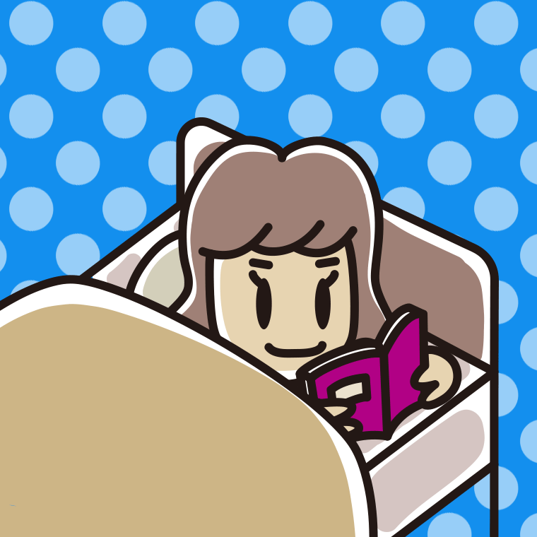 ベッドで本を読む女子大学生のイラスト【色、背景あり】PNG