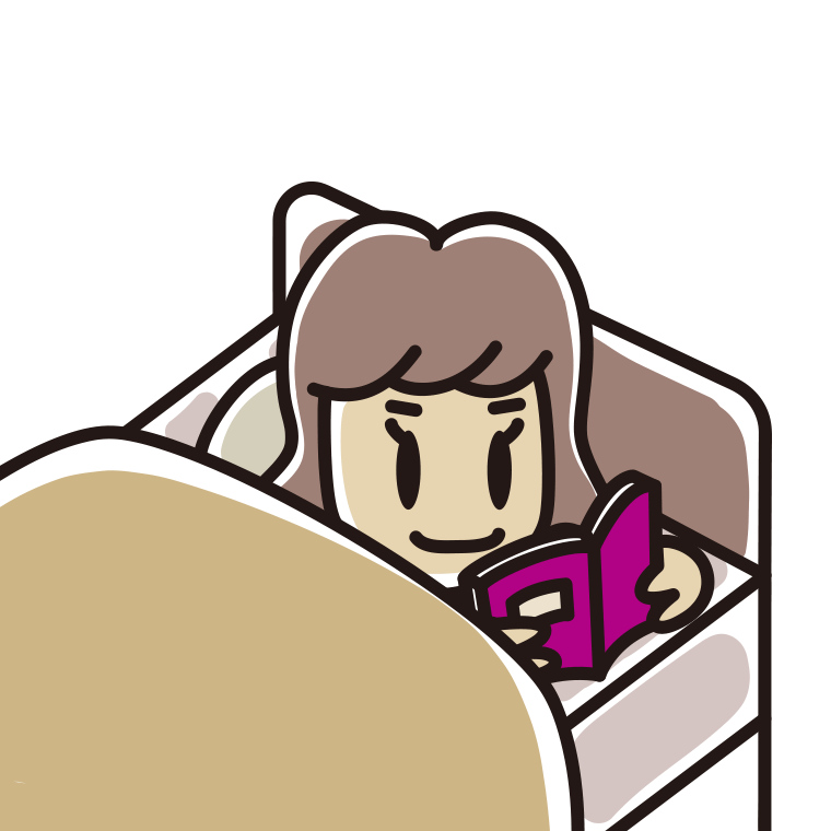 ベッドで本を読む女子大学生のイラスト【色あり、背景なし】透過PNG