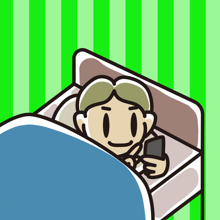 ベッドでスマホを使う小学生男子のイラスト【色、背景あり】PNG