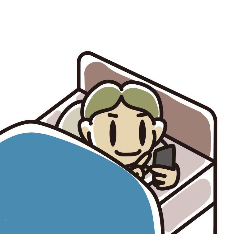 ベッドでスマホを使う小学生男子のイラスト【色あり、背景なし】透過PNG