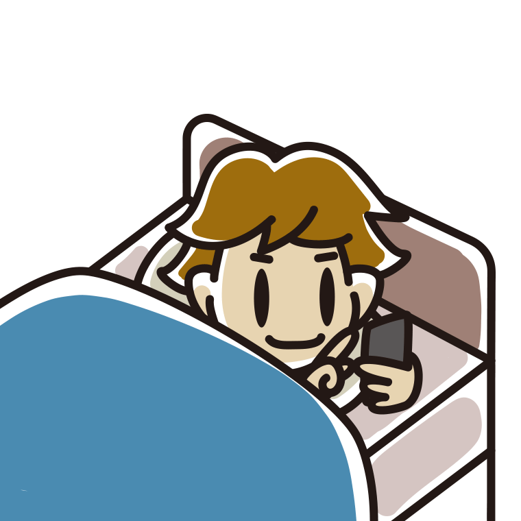 ベッドでスマホを使う男子高校生のイラスト【色あり、背景なし】透過PNG