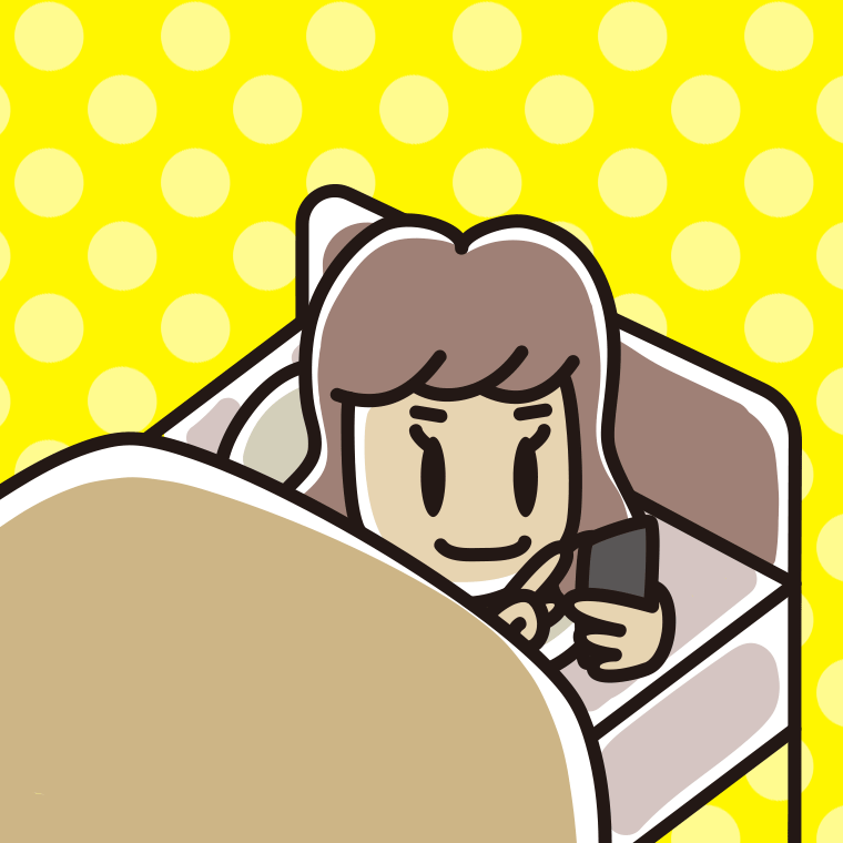 ベッドでスマホを使う女子大学生のイラスト【色、背景あり】PNG