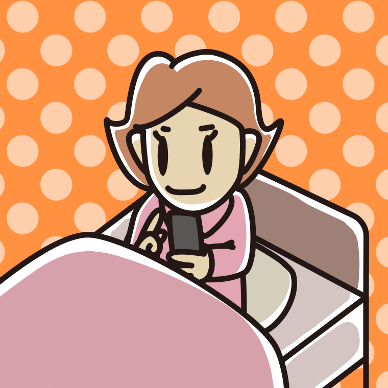 ベッドに座りスマホを使う女性のイラスト【色、背景あり】PNG