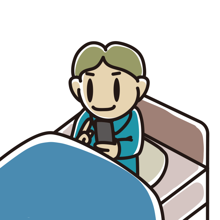 ベッドに座りスマホを使う小学生男子のイラスト【色あり、背景なし】透過PNG
