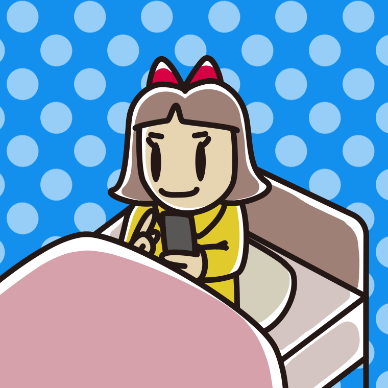 ベッドに座りスマホを使う小学生女子のイラスト【色、背景あり】PNG