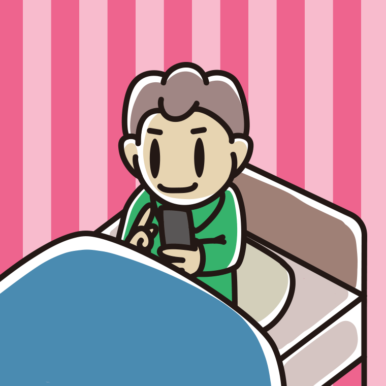 ベッドに座りスマホを使う男子中学生のイラスト【色、背景あり】PNG