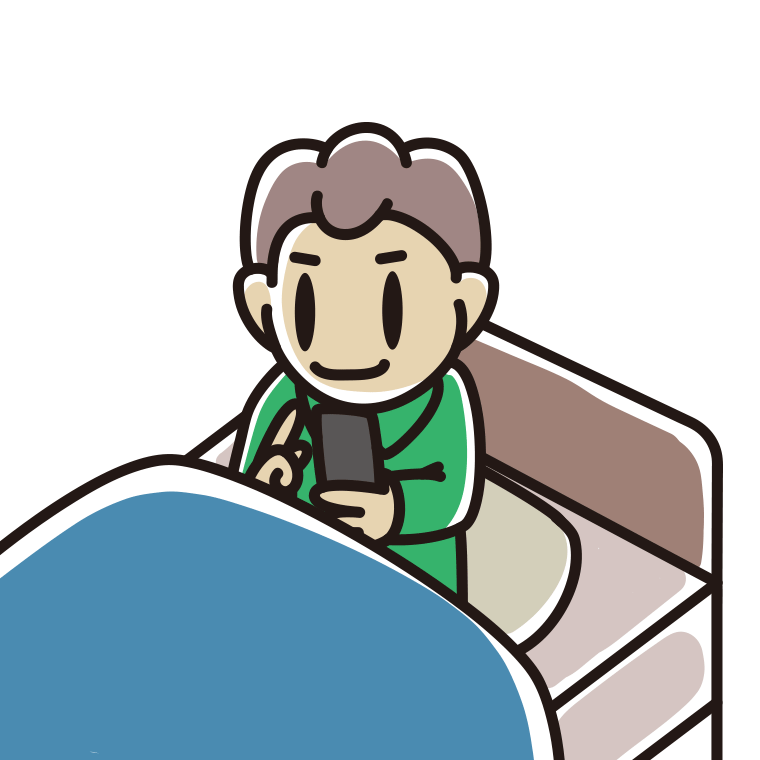ベッドに座りスマホを使う男子中学生のイラスト【色あり、背景なし】透過PNG
