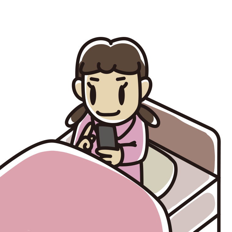 ベッドに座りスマホを使う女子中学生のイラスト【色あり、背景なし】透過PNG