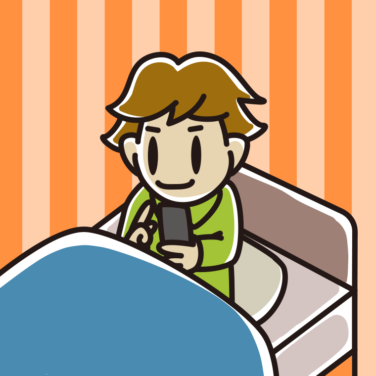 ベッドに座りスマホを使う男子高校生のイラスト【色、背景あり】PNG