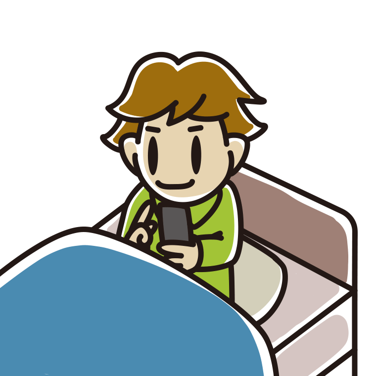 ベッドに座りスマホを使う男子高校生のイラスト【色あり、背景なし】透過PNG