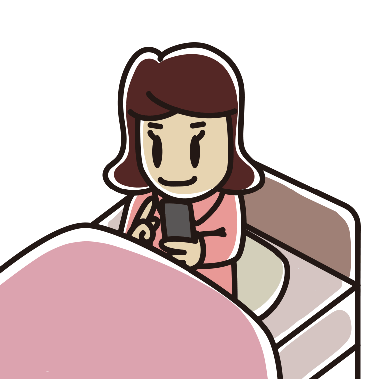 ベッドに座りスマホを使う女子高校生のイラスト【色あり、背景なし】透過PNG