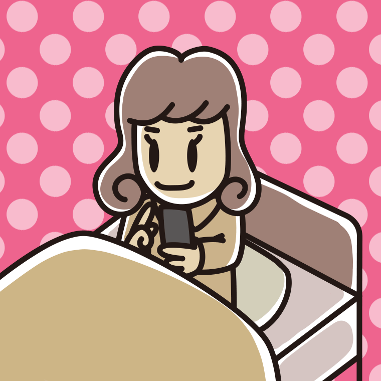 ベッドに座りスマホを使う女子大学生のイラスト【色、背景あり】PNG