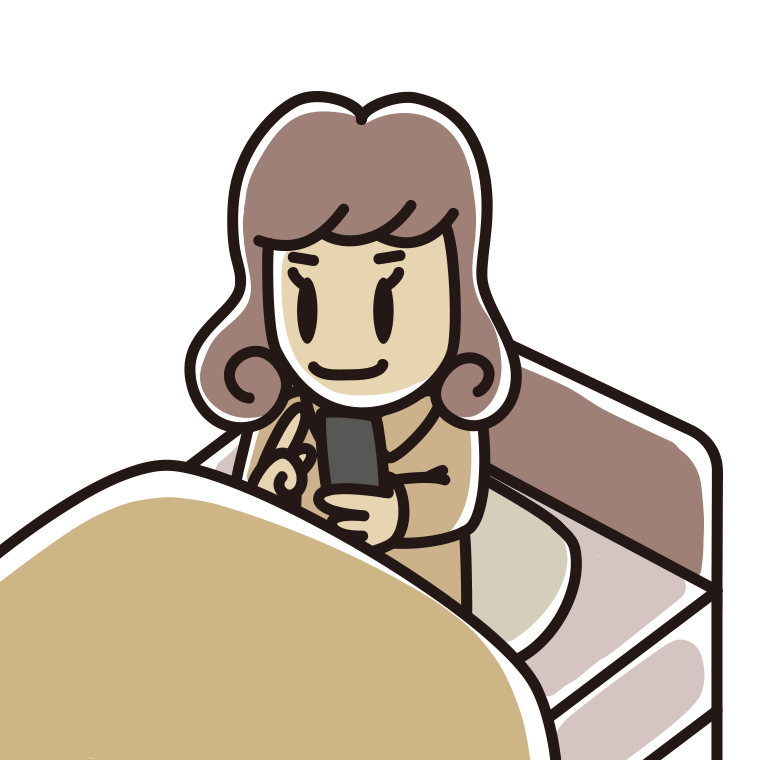 ベッドに座りスマホを使う女子大学生のイラスト【色あり、背景なし】透過PNG