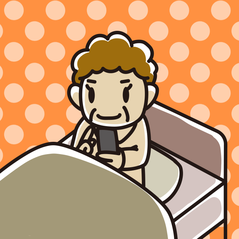 ベッドに座りスマホを使うおばさんのイラスト【色、背景あり】PNG