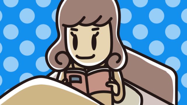 ベッドに座り本を読む女子大学生のイラスト【色、背景あり】PNG