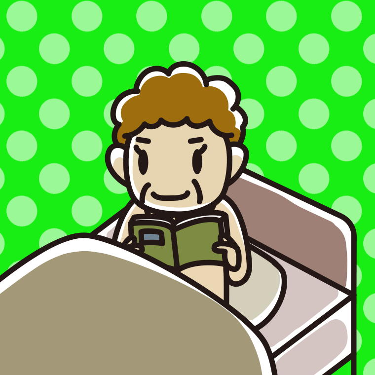 ベッドに座り本を読むおばさんのイラスト【色、背景あり】PNG
