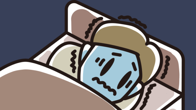 ベッドで震えている男性のイラスト【色、背景あり】PNG