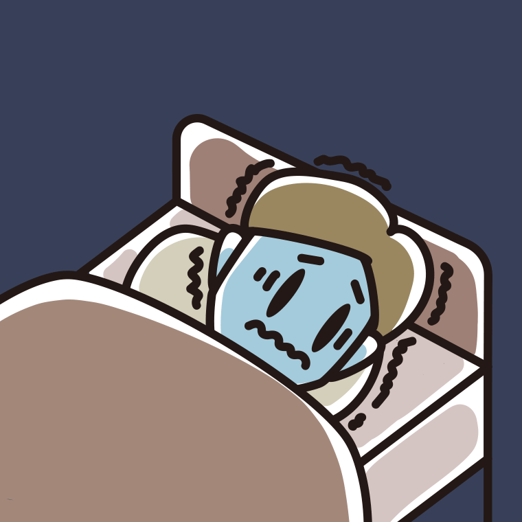 ベッドで震えている男性のイラスト【色、背景あり】PNG