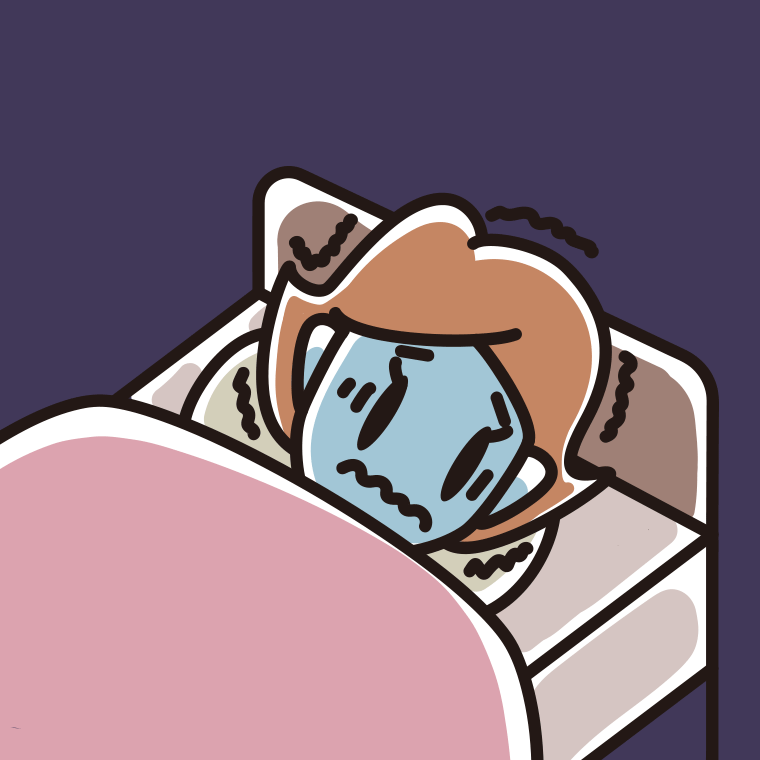 ベッドで震えている女性のイラスト【色、背景あり】PNG