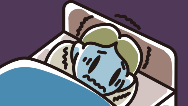 ベッドで震えている小学生男子のイラスト【色、背景あり】PNG