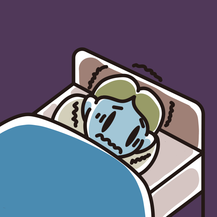 ベッドで震えている小学生男子のイラスト【色、背景あり】PNG