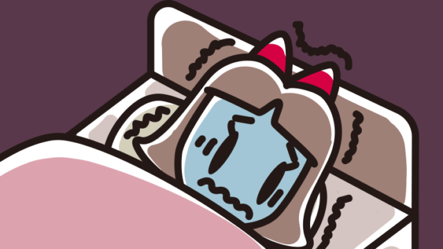 ベッドで震えている小学生女子のイラスト【色、背景あり】PNG