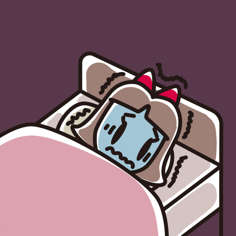ベッドで震えている小学生女子のイラスト【色、背景あり】PNG