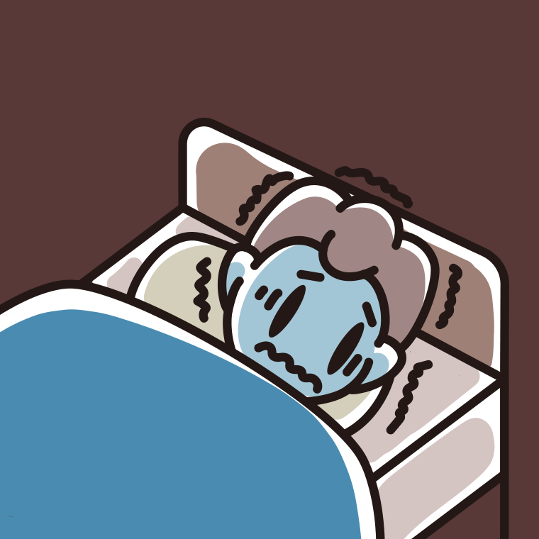 ベッドで震えている男子中学生のイラスト【色、背景あり】PNG