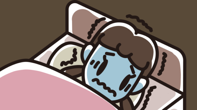 ベッドで震えている女子中学生のイラスト【色、背景あり】PNG