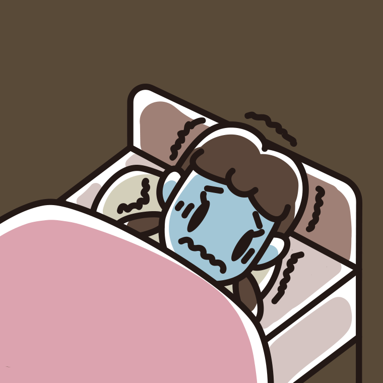 ベッドで震えている女子中学生のイラスト【色、背景あり】PNG
