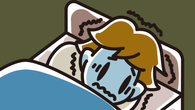 ベッドで震えている男子高校生のイラスト【色、背景あり】PNG