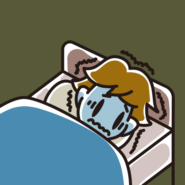 ベッドで震えている男子高校生のイラスト【色、背景あり】PNG