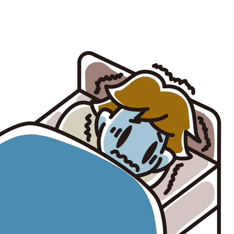 ベッドで震えている男子高校生のイラスト【色あり、背景なし】透過PNG