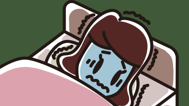 ベッドで震えている女子高校生のイラスト【色、背景あり】PNG